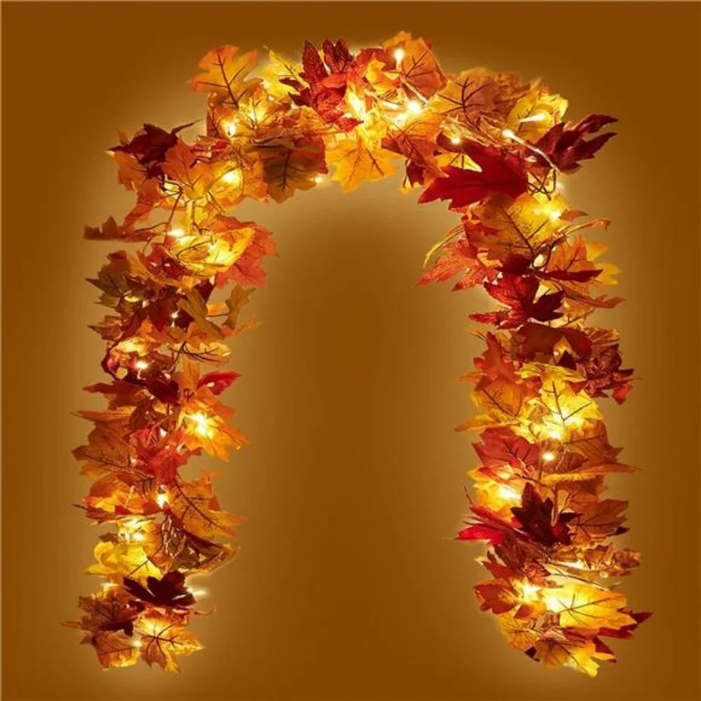 2 Pack Fall Maple Garland with 40 LED String Light- 5.8ft/Piece